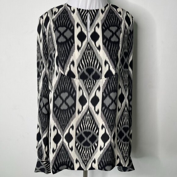 Tory Burch Women's Black White Geometric Print Silk Long Sleeve Blouse Size 8 - Picture 1 of 7